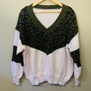 Women's Plus Leopard  V- Neck Sweater Color Block Green Pink Novelty Cozy Sz 3X